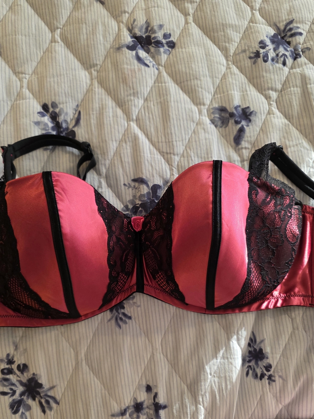 Cacique Pink and Black Lace Satin Bra